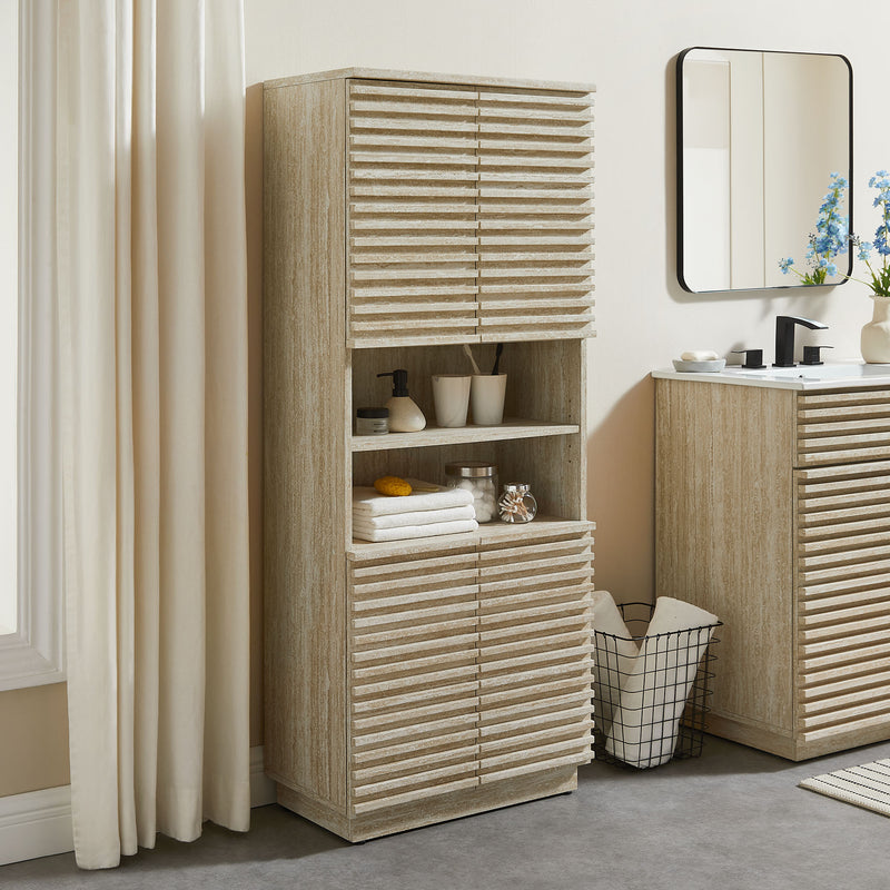 Render Tall Faux Travertine Linen Storage Cabinet by Modway | Bathroom Accessories | Modishstore - 1