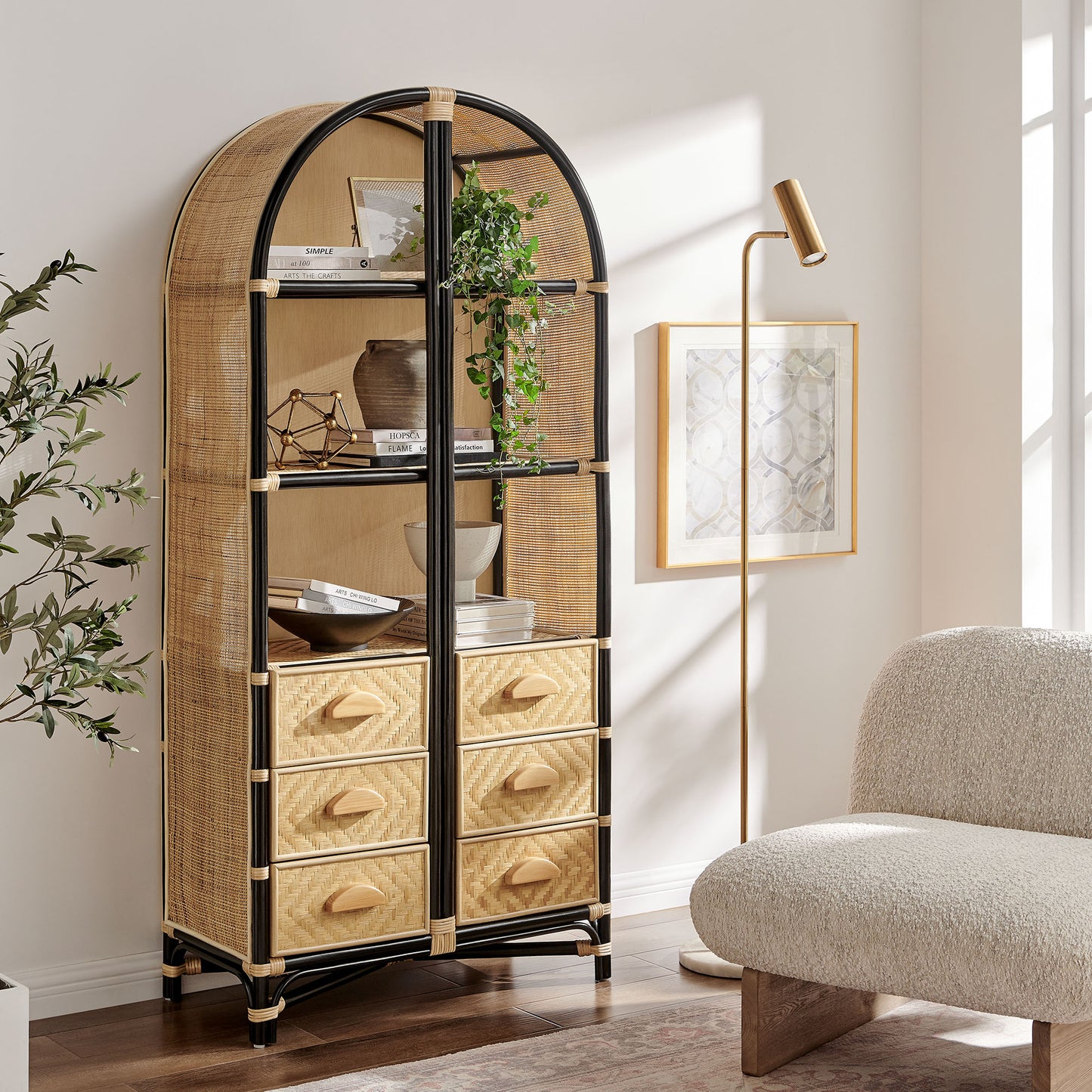Jane 71 Inch Tall Arched Natural Rattan Bookshelf by Modway