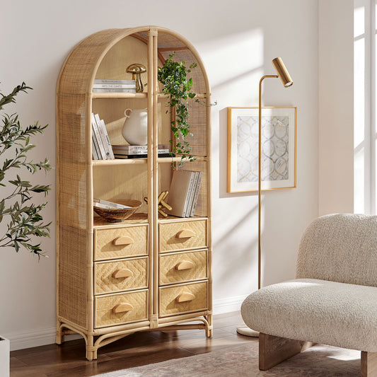 Jane 71 Inch Tall Arched Natural Rattan Bookshelf by Modway