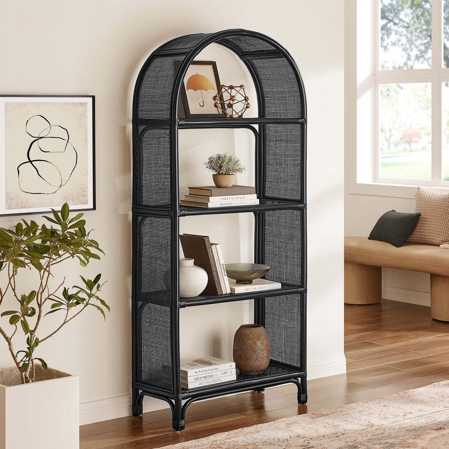 Celeste 67 Inch Tall Arched Natural Rattan Bookshelf by Modway