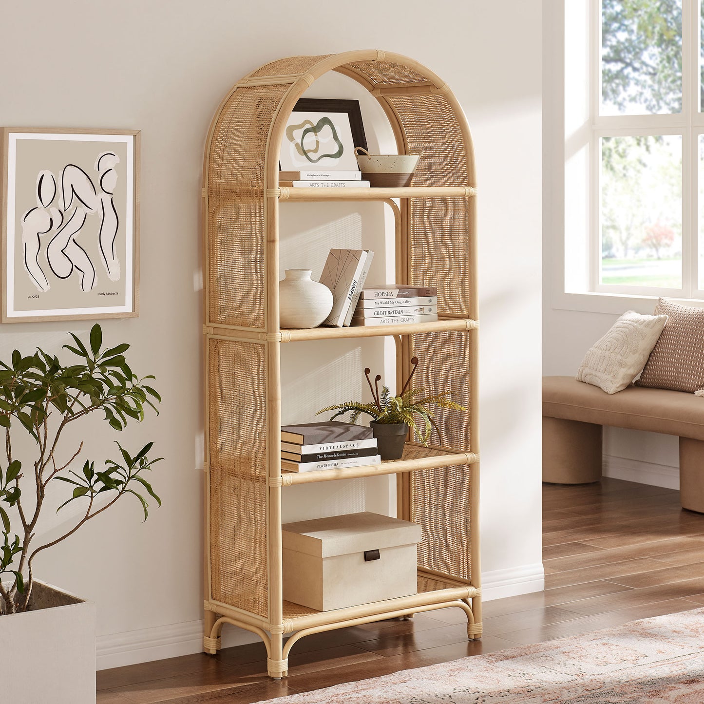 Celeste 67 Inch Tall Arched Natural Rattan Bookshelf by Modway