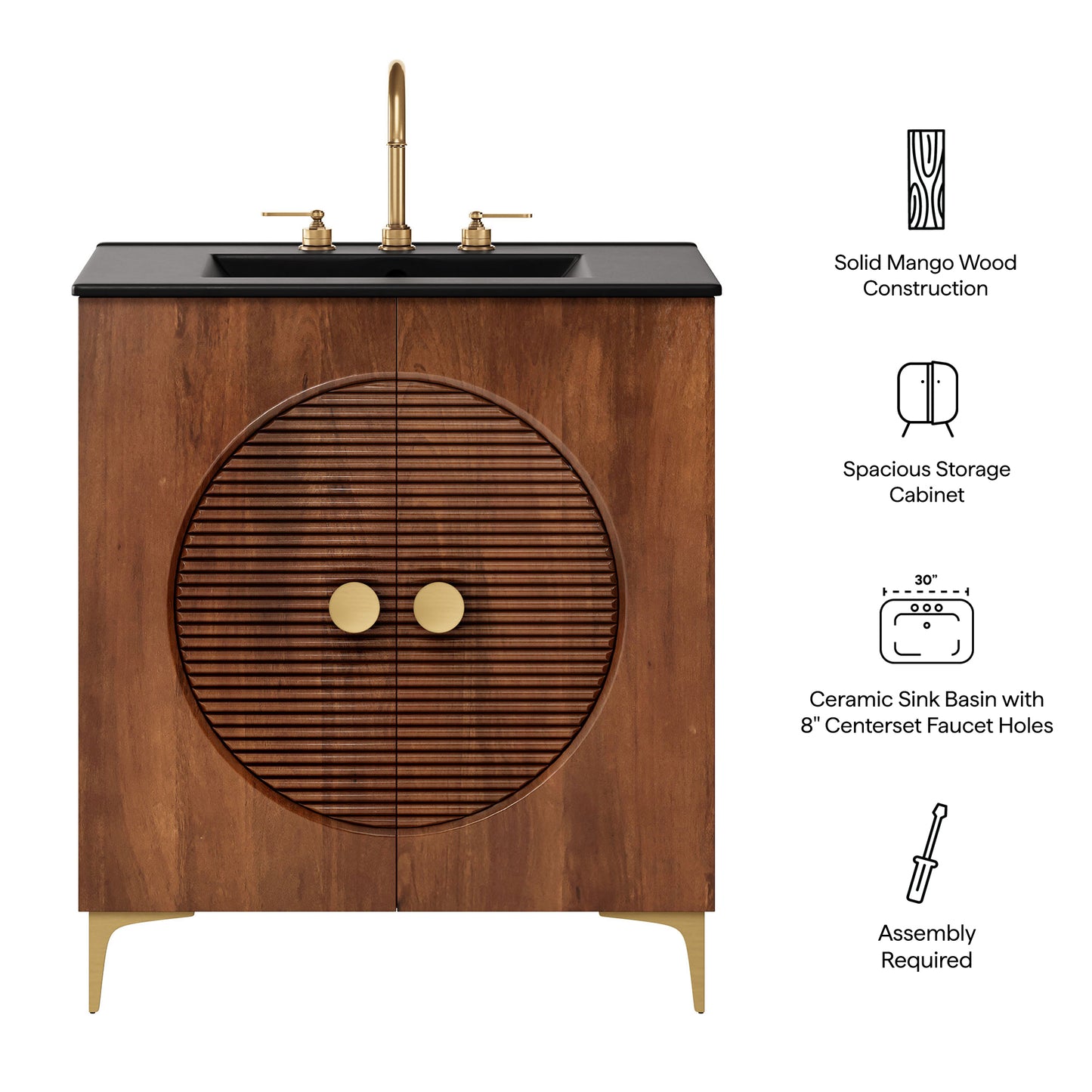 Vernon 30" Fluted Wood Vanity Cabinet With Sink by Modway