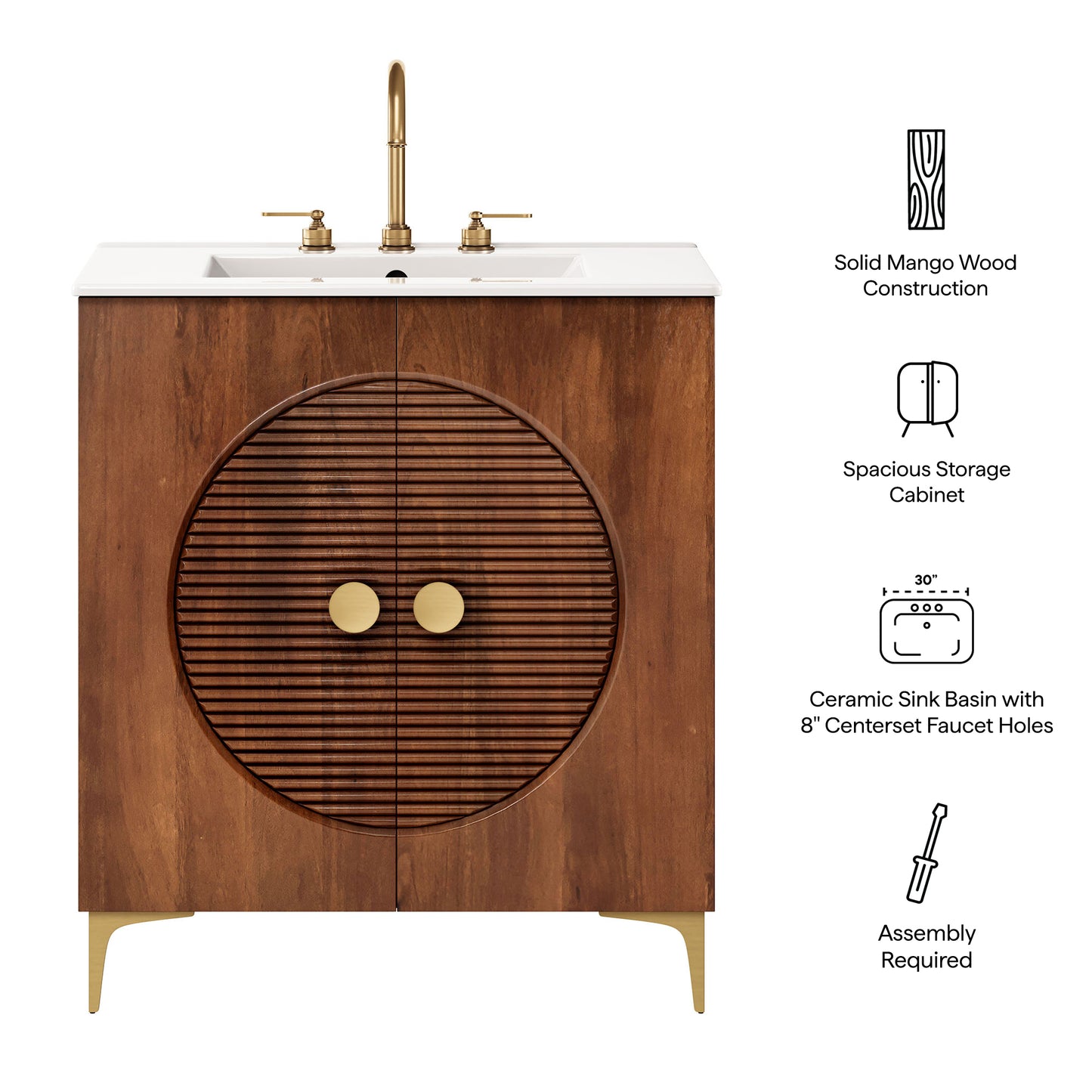 Vernon 30" Fluted Wood Vanity Cabinet With Sink by Modway