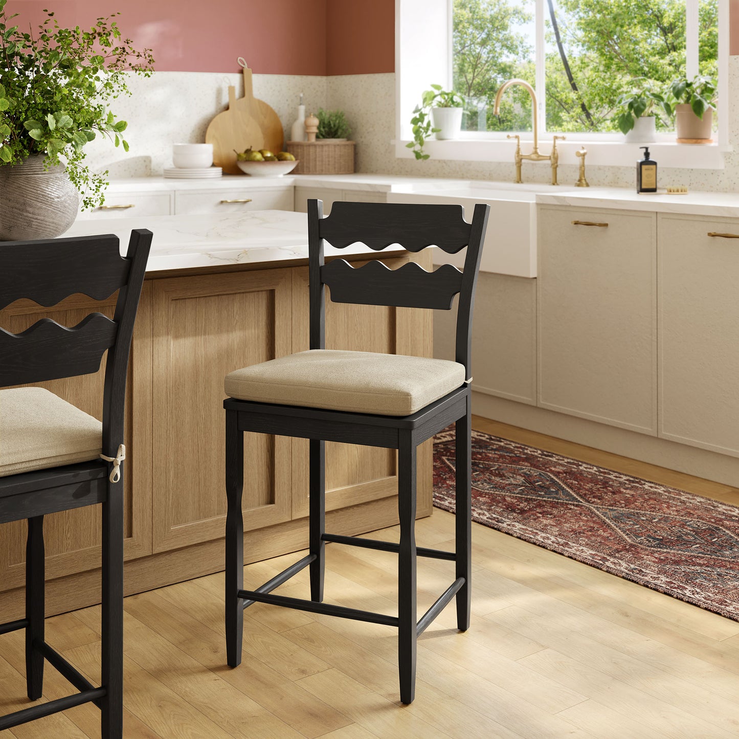 Jax Oak Wood Counter Stool With Wavy Razor Back and Cushion by Modway