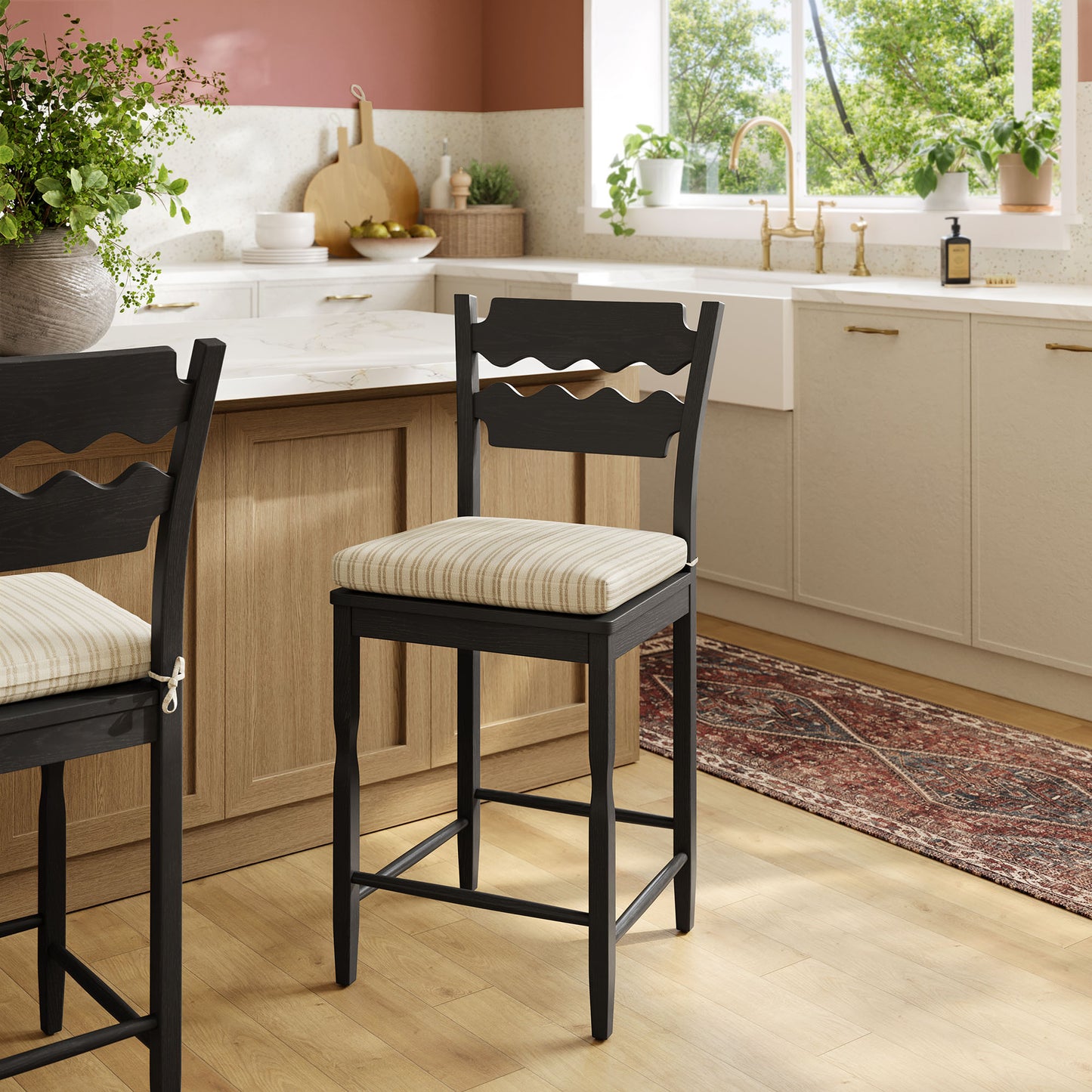Jax Oak Wood Counter Stool With Wavy Razor Back and Cushion by Modway
