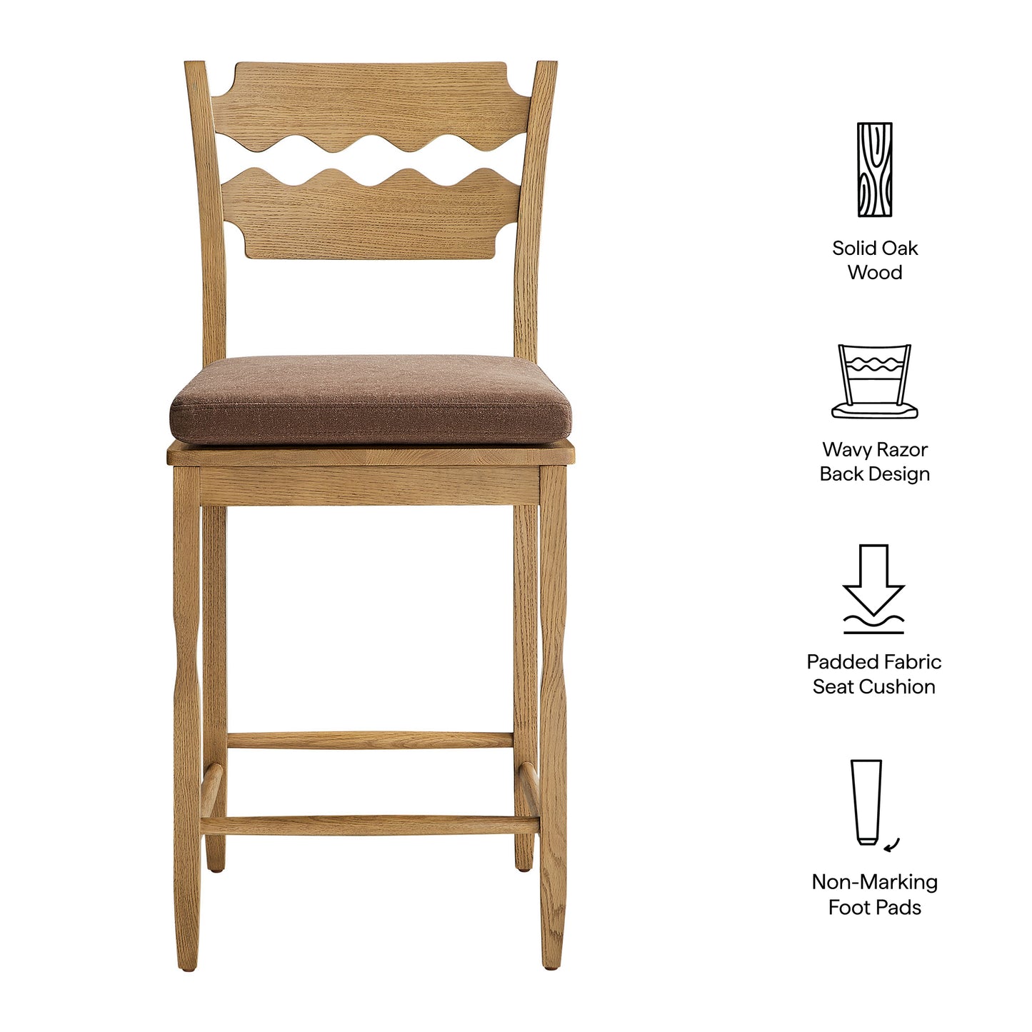 Jax Oak Wood Counter Stool With Wavy Razor Back and Cushion by Modway