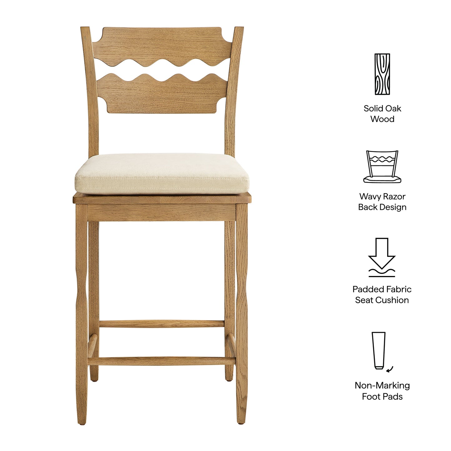 Jax Oak Wood Counter Stool With Wavy Razor Back and Cushion by Modway