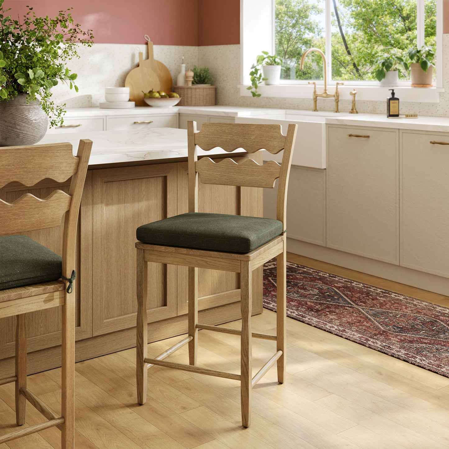 Jax Oak Wood Counter Stool With Wavy Razor Back and Cushion by Modway