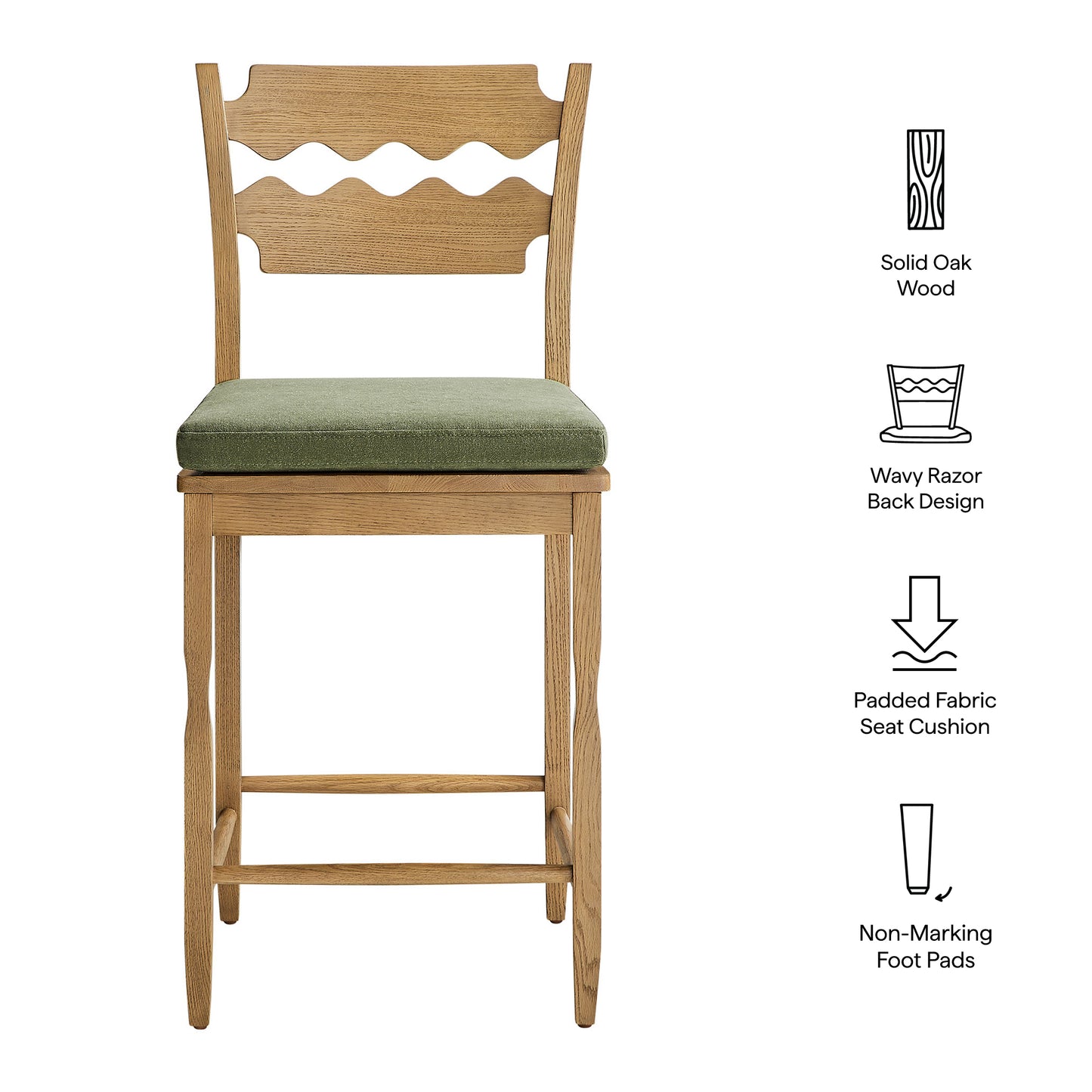 Jax Oak Wood Counter Stool With Wavy Razor Back and Cushion by Modway