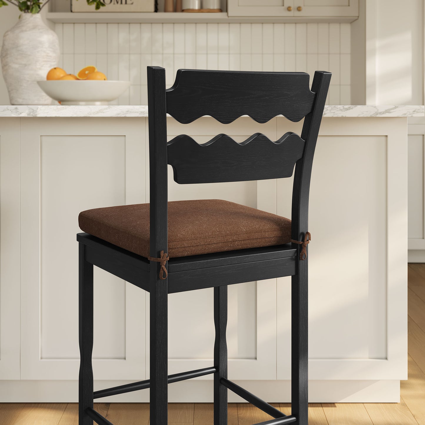 Jax Oak Wood Bar Stool With Wavy Razor Back and Cushion by Modway