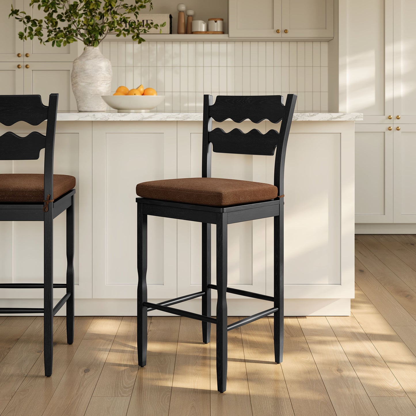 Jax Oak Wood Bar Stool With Wavy Razor Back and Cushion by Modway