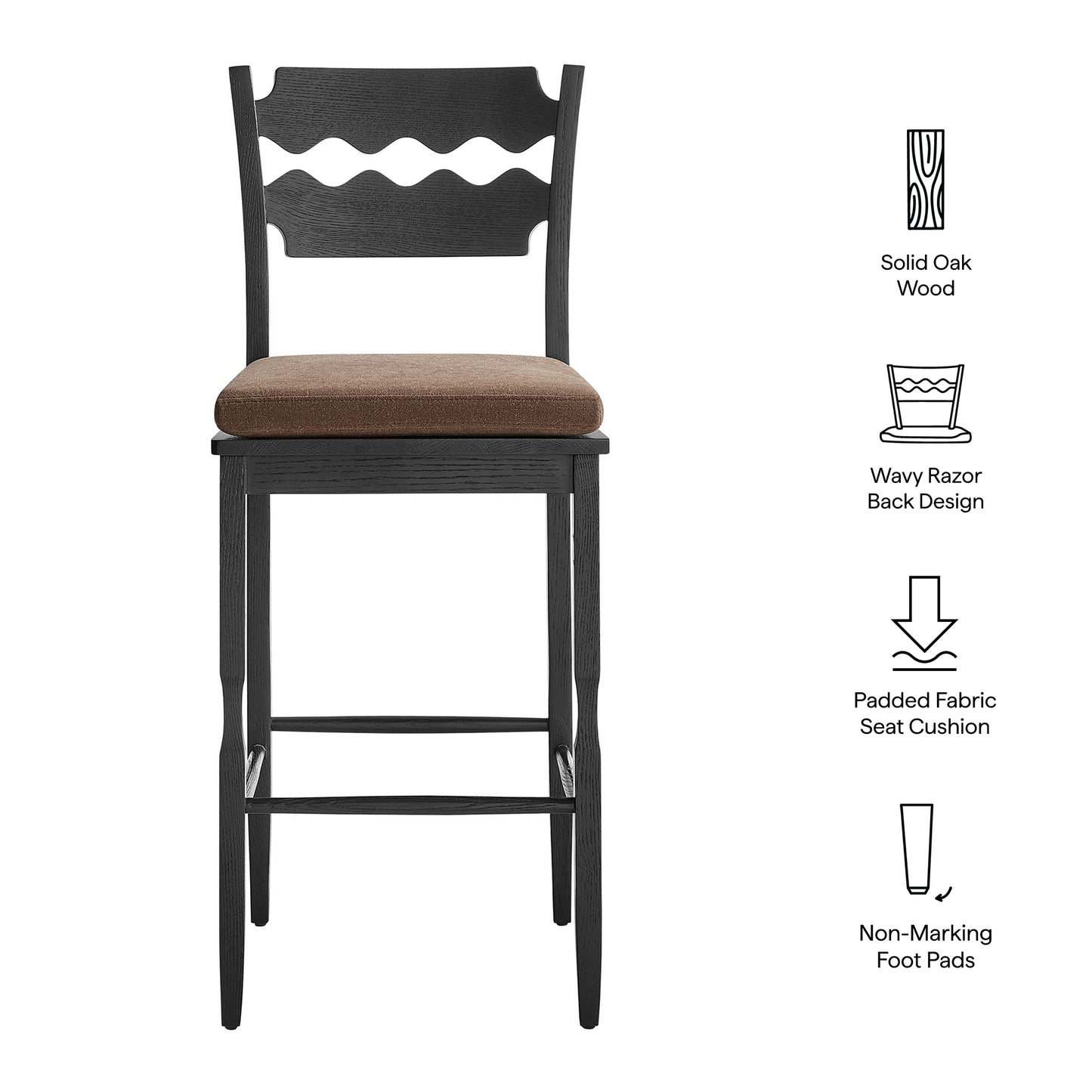 Jax Oak Wood Bar Stool With Wavy Razor Back and Cushion by Modway