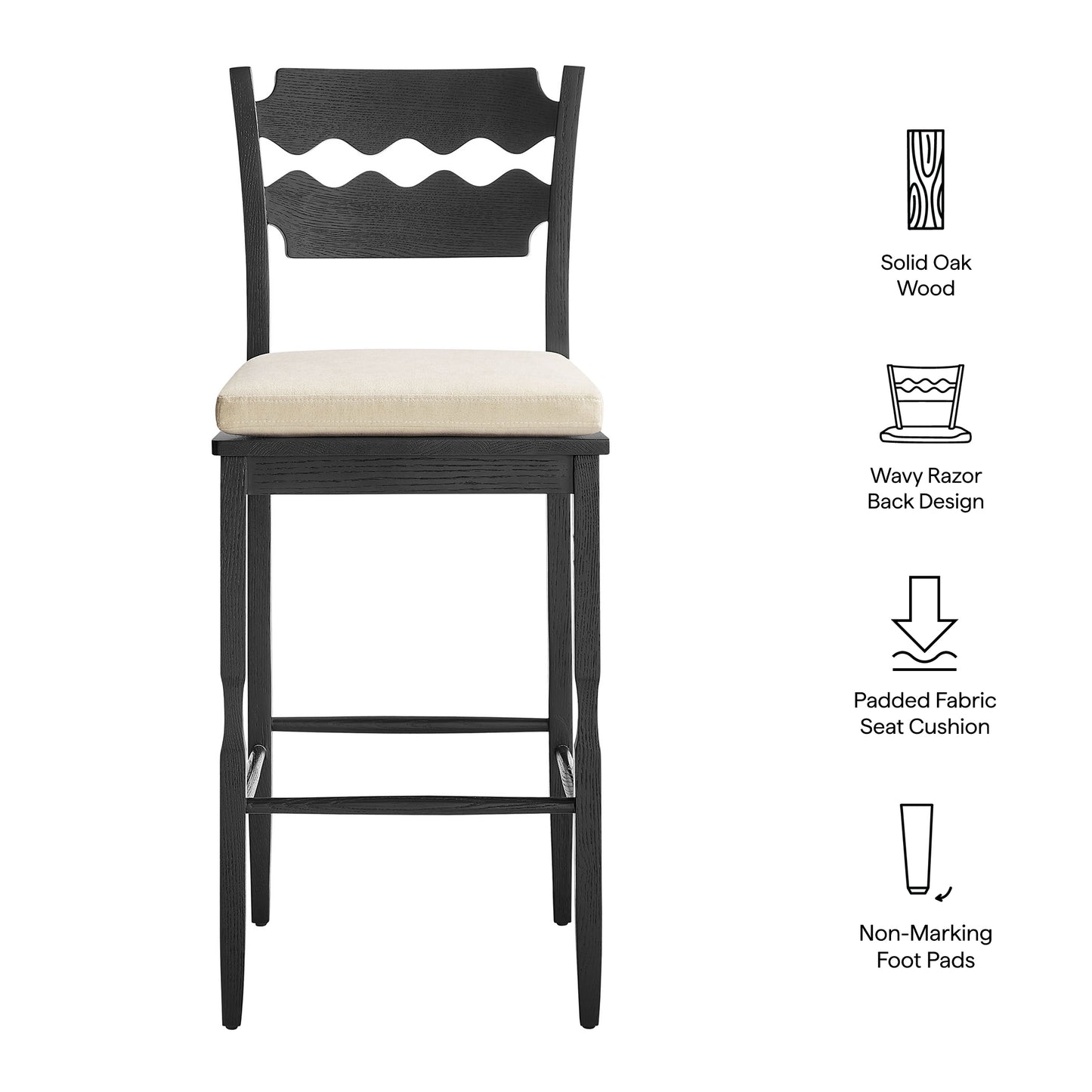 Jax Oak Wood Bar Stool With Wavy Razor Back and Cushion by Modway