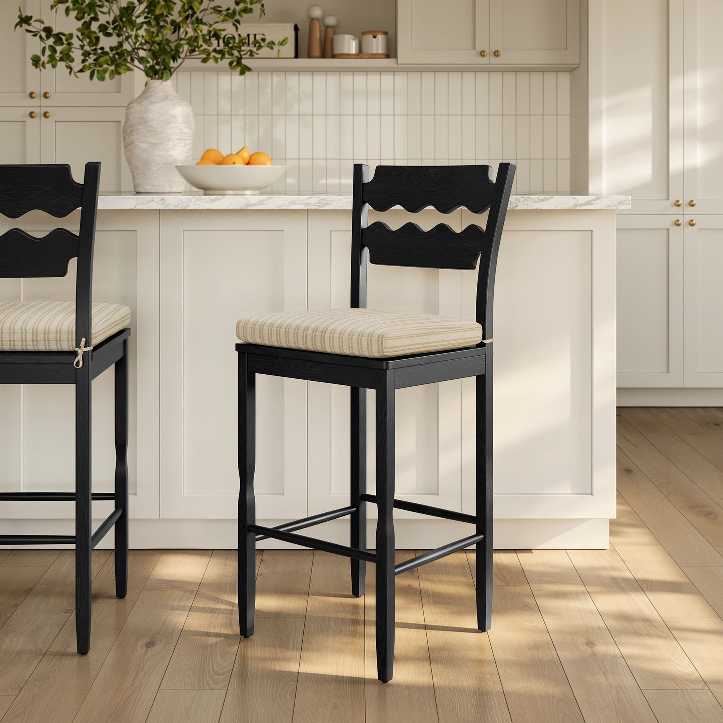 Jax Oak Wood Bar Stool With Wavy Razor Back and Cushion by Modway
