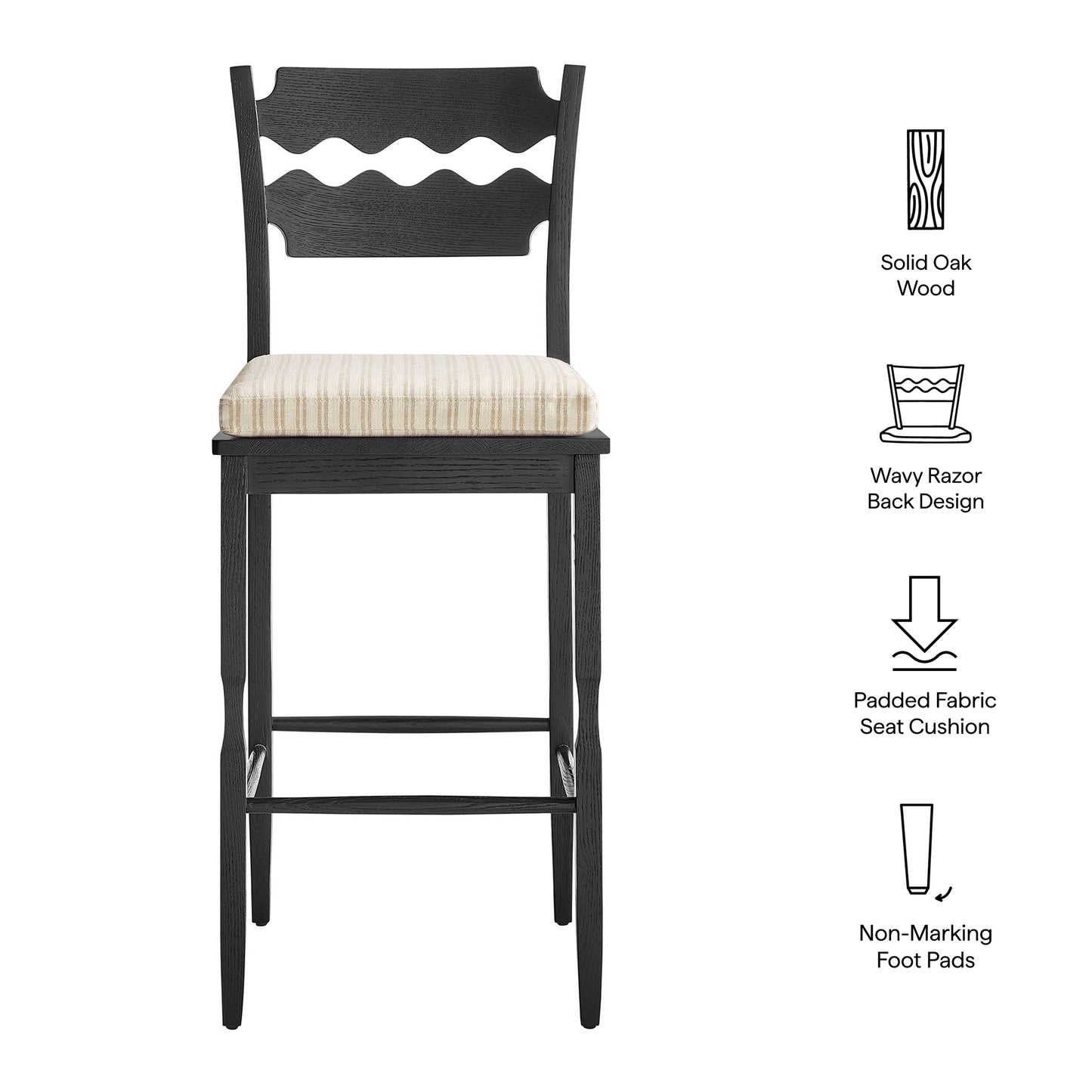 Jax Oak Wood Bar Stool With Wavy Razor Back and Cushion by Modway