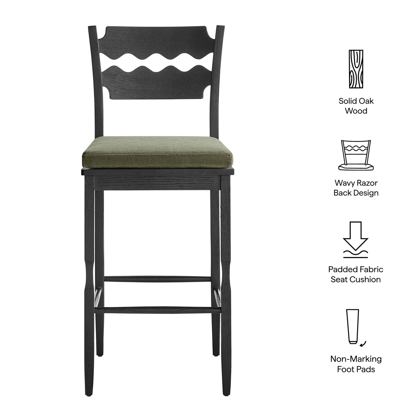 Jax Oak Wood Bar Stool With Wavy Razor Back and Cushion by Modway