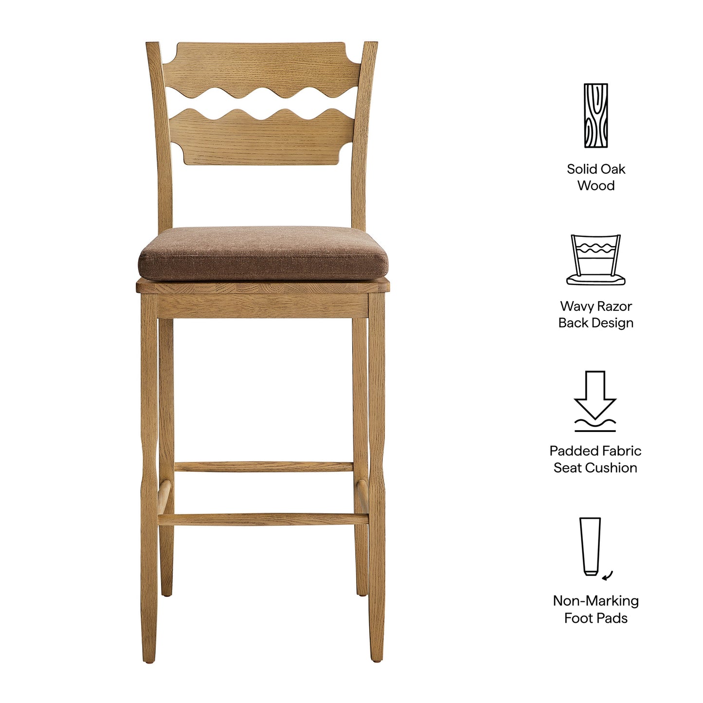 Jax Oak Wood Bar Stool With Wavy Razor Back and Cushion by Modway