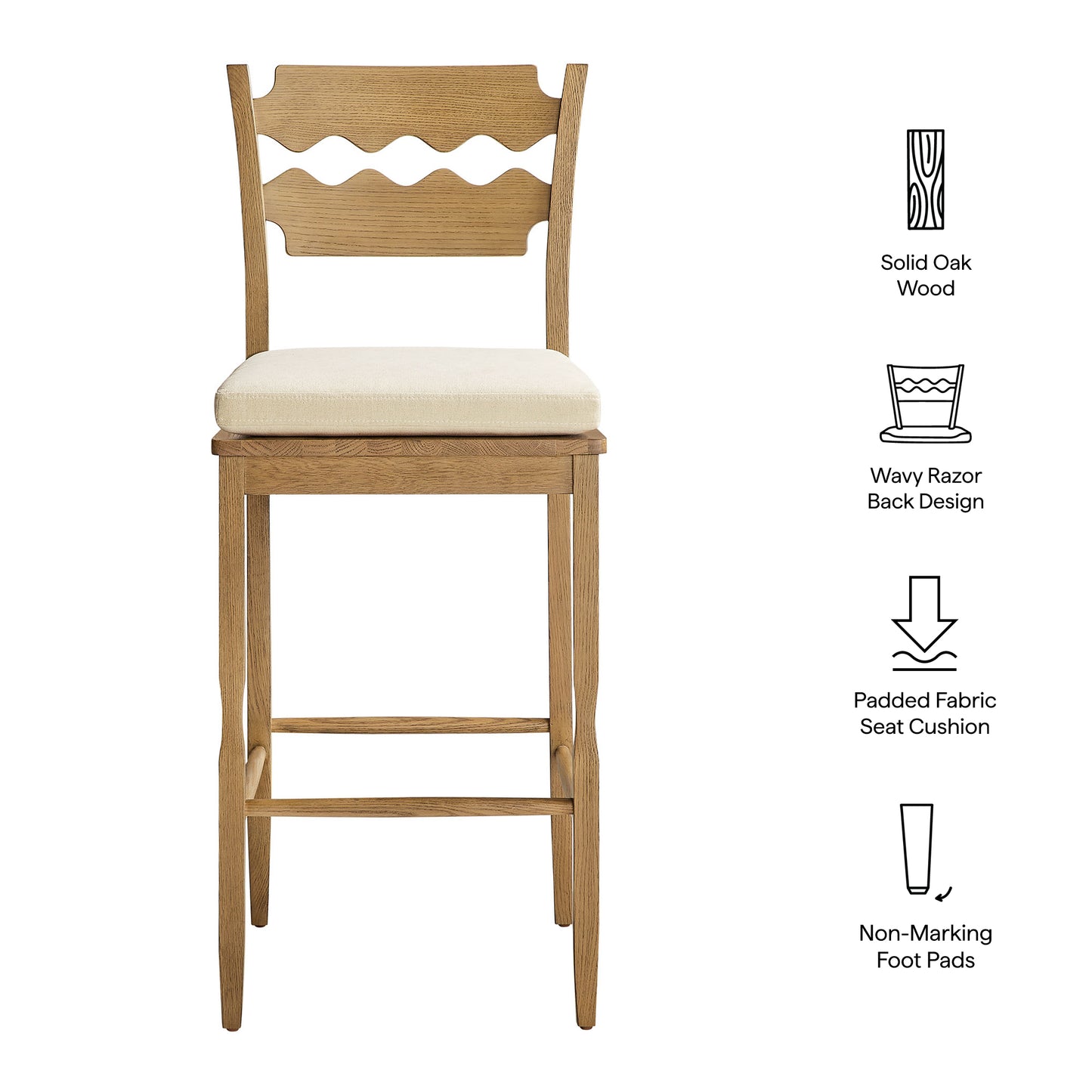 Jax Oak Wood Bar Stool With Wavy Razor Back and Cushion by Modway