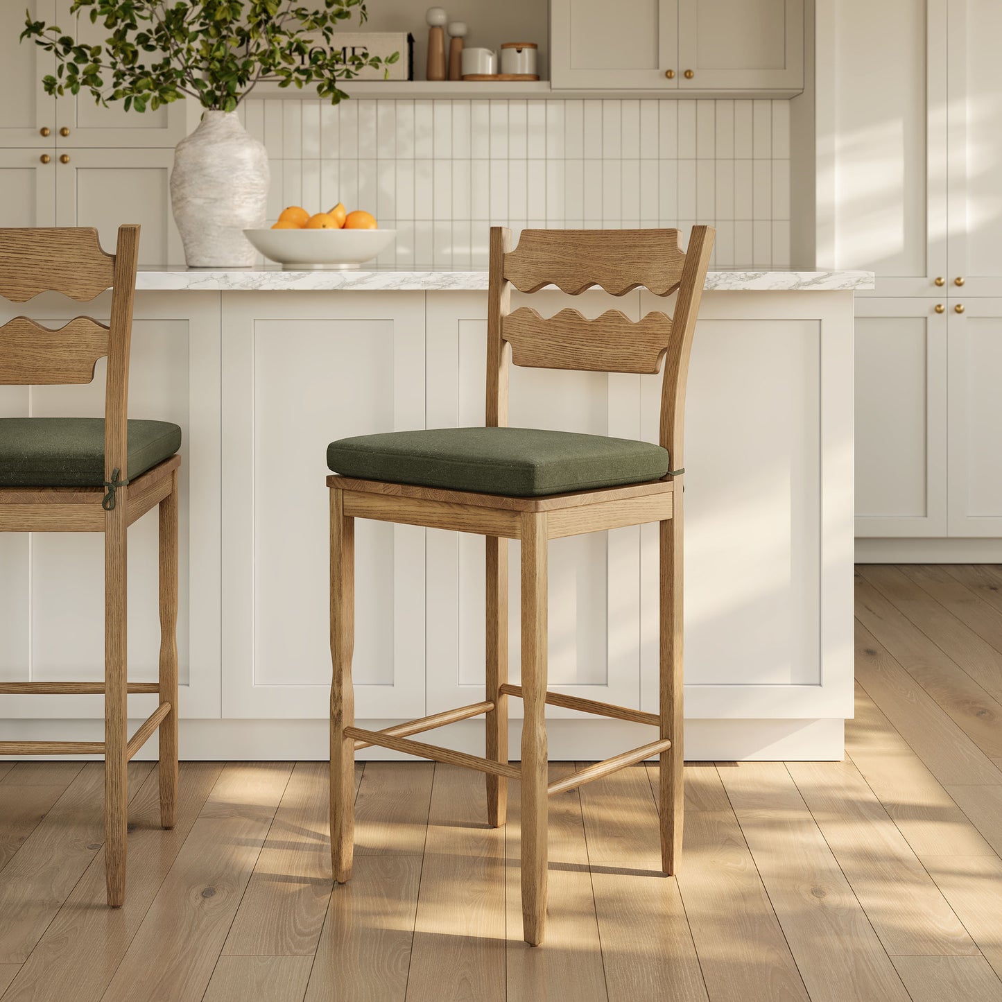 Jax Oak Wood Bar Stool With Wavy Razor Back and Cushion by Modway