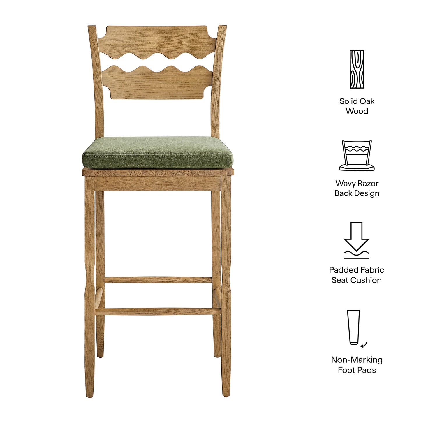 Jax Oak Wood Bar Stool With Wavy Razor Back and Cushion by Modway