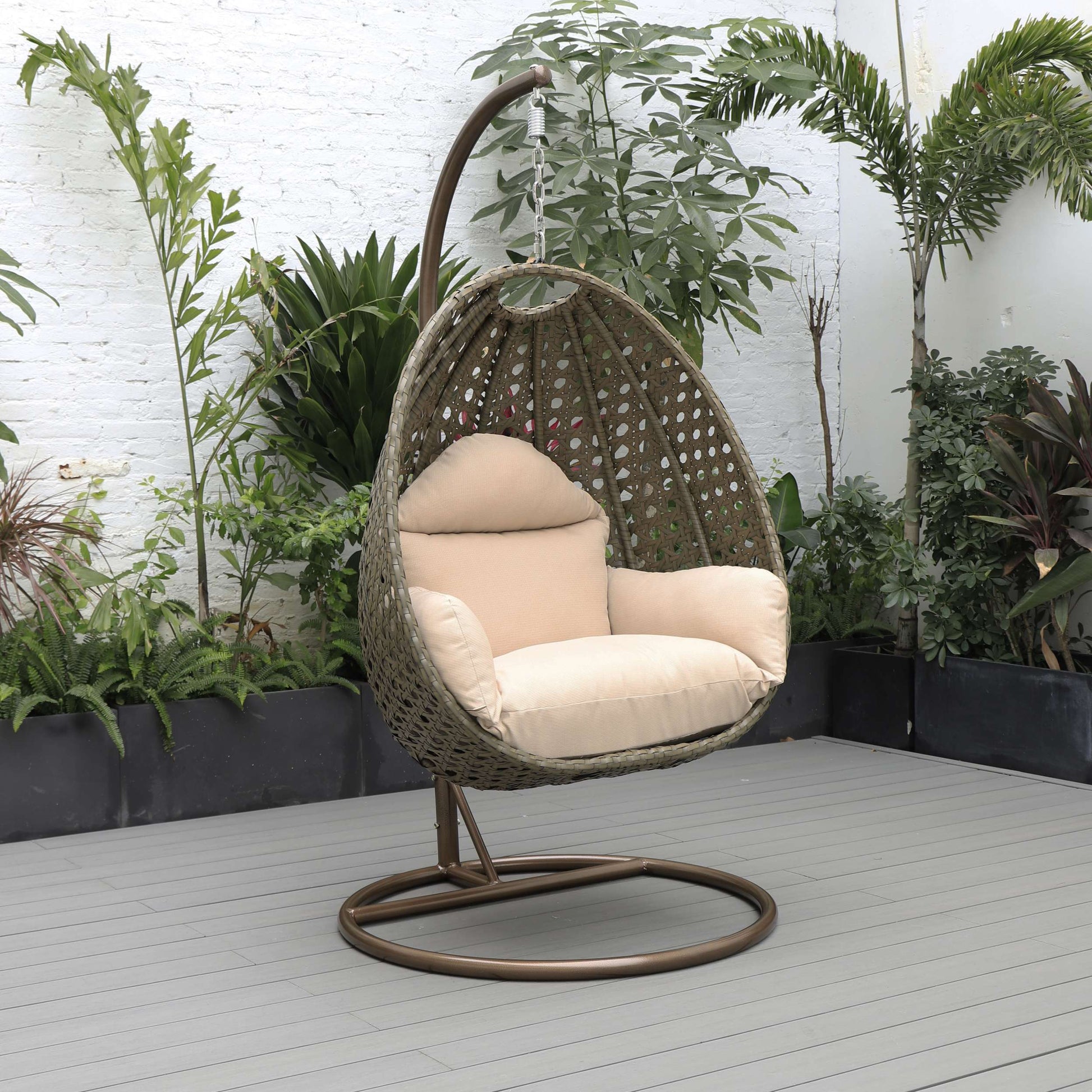 LeisureMod Beige Wicker Hanging Egg Swing Chair | Outdoor Porch Swings | Modishstore - 2