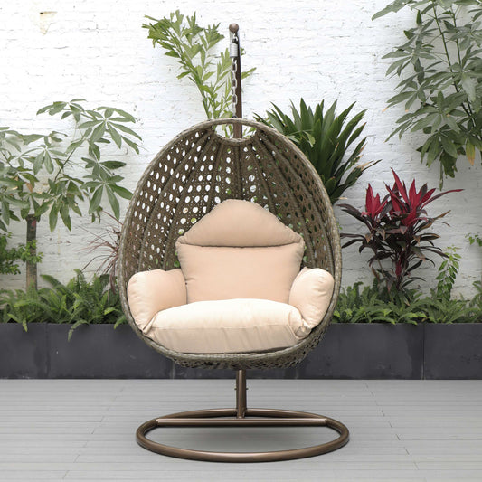 LeisureMod Beige Wicker Hanging Egg Swing Chair | Outdoor Porch Swings | Modishstore