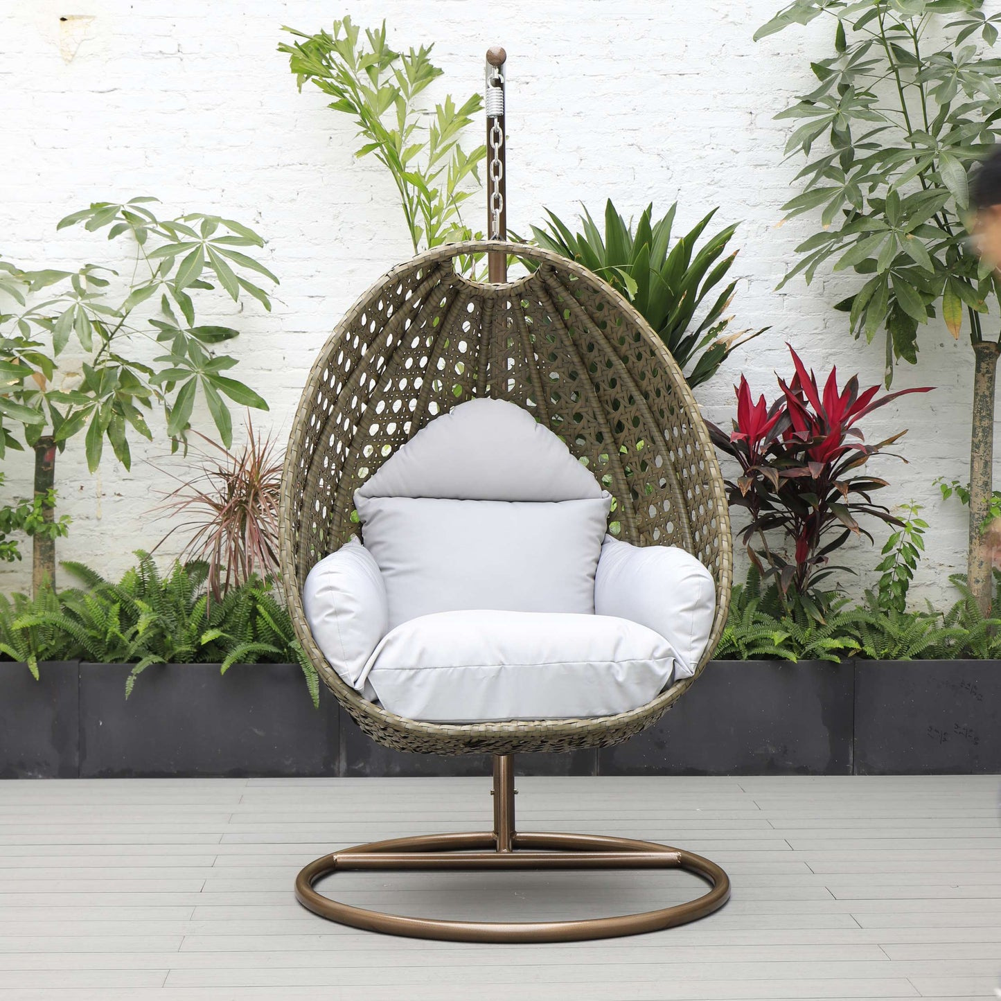 LeisureMod Beige Wicker Hanging Egg Swing Chair | Outdoor Porch Swings | Modishstore - 72