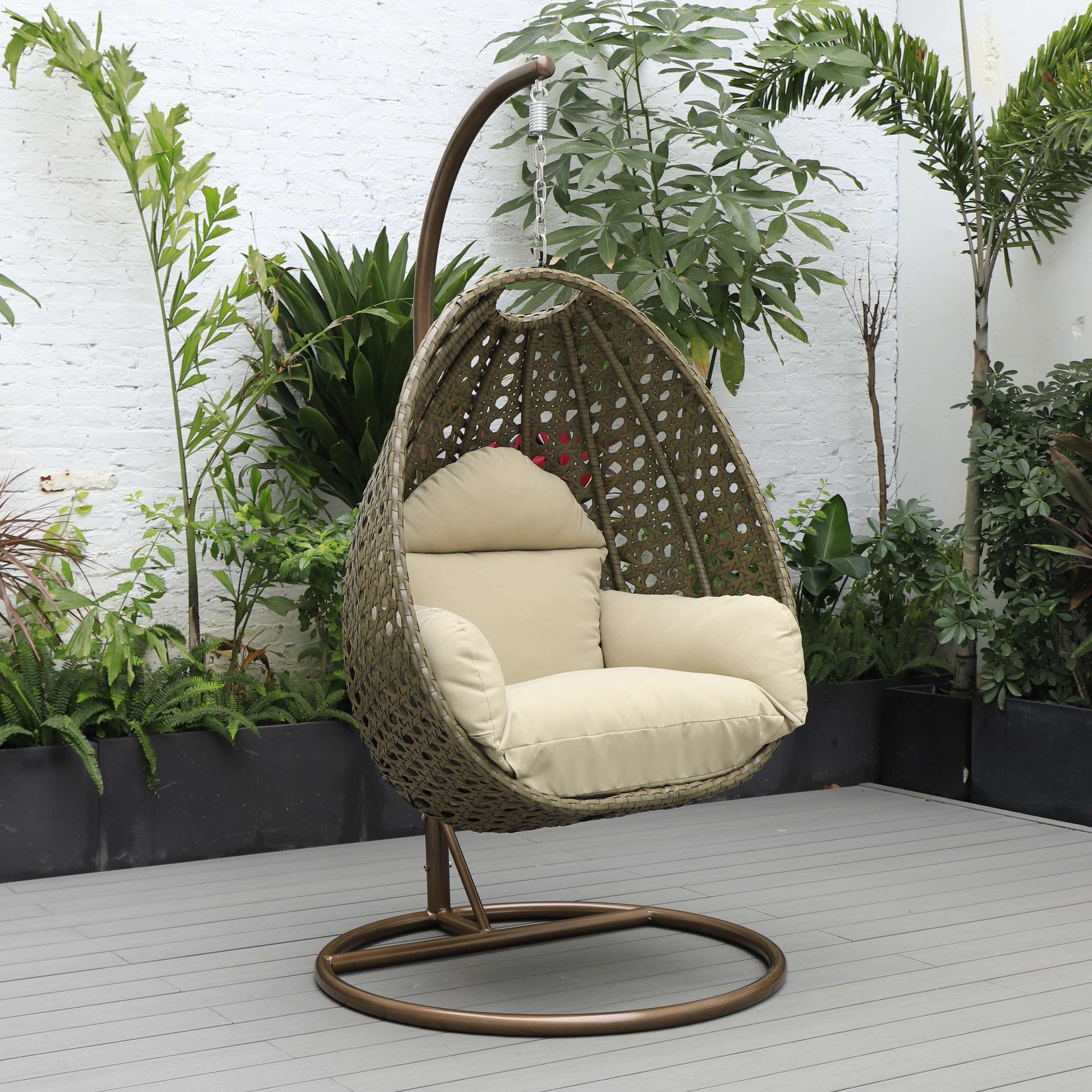 LeisureMod Beige Wicker Hanging Egg Swing Chair | Outdoor Porch Swings | Modishstore - 92