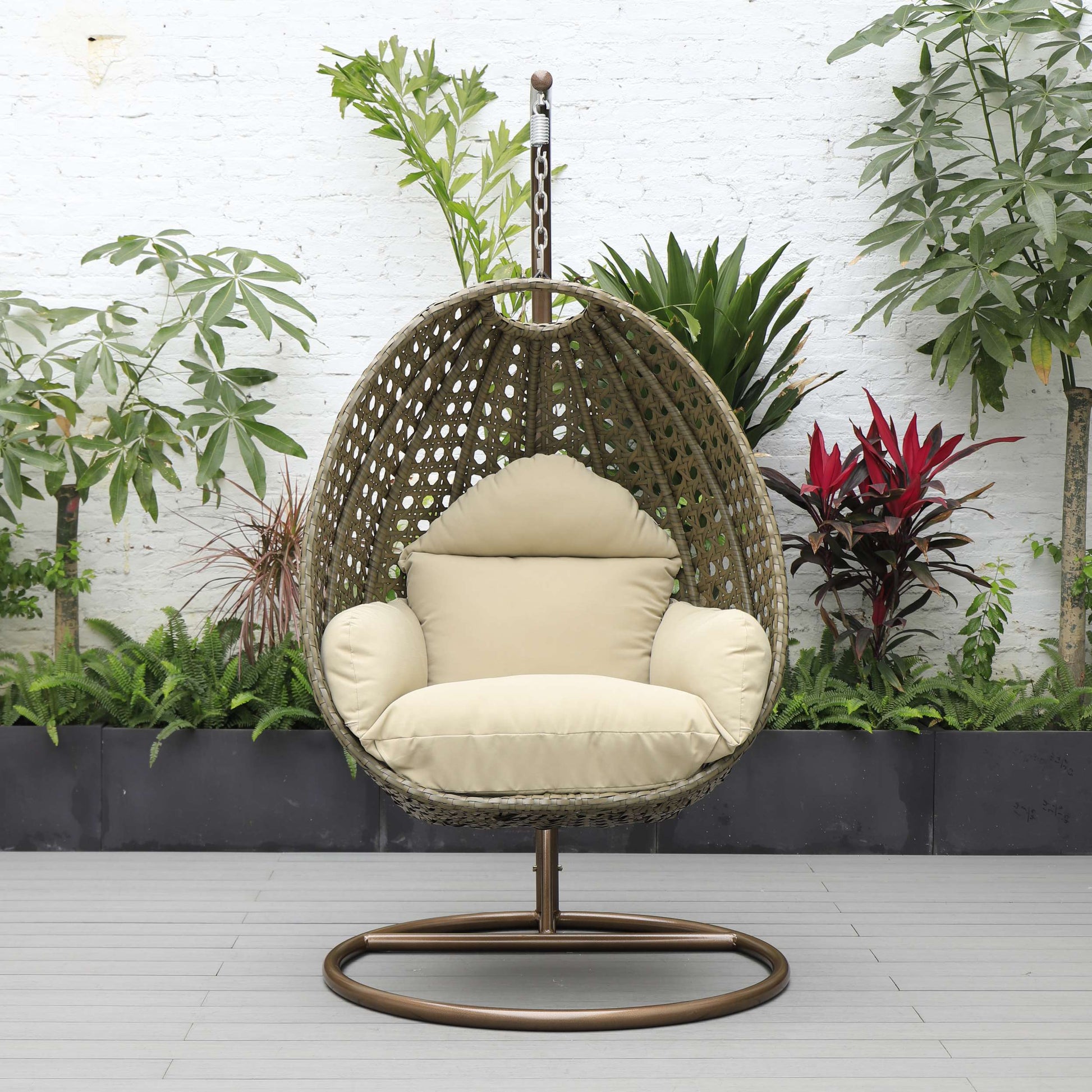 LeisureMod Beige Wicker Hanging Egg Swing Chair | Outdoor Porch Swings | Modishstore - 91