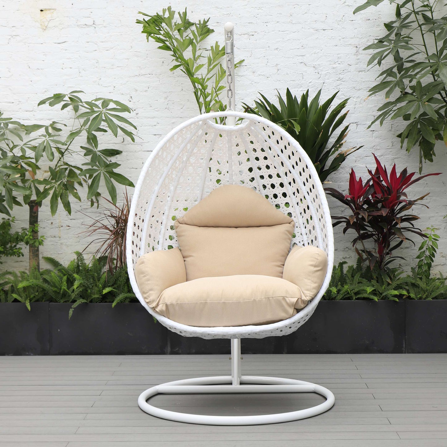 LeisureMod White Wicker Hanging Egg Swing Chair | Outdoor Porch Swings | Modishstore - 2