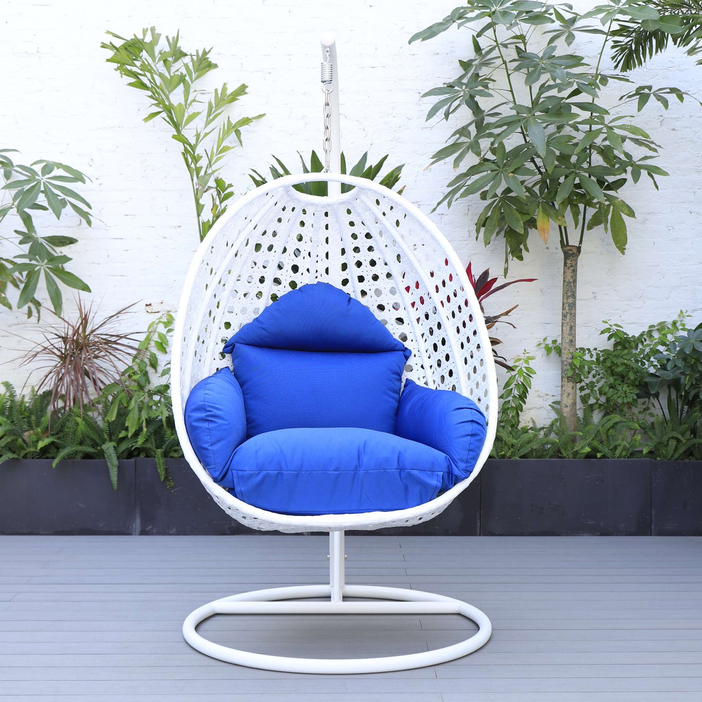 LeisureMod White Wicker Hanging Egg Swing Chair | Outdoor Porch Swings | Modishstore - 12
