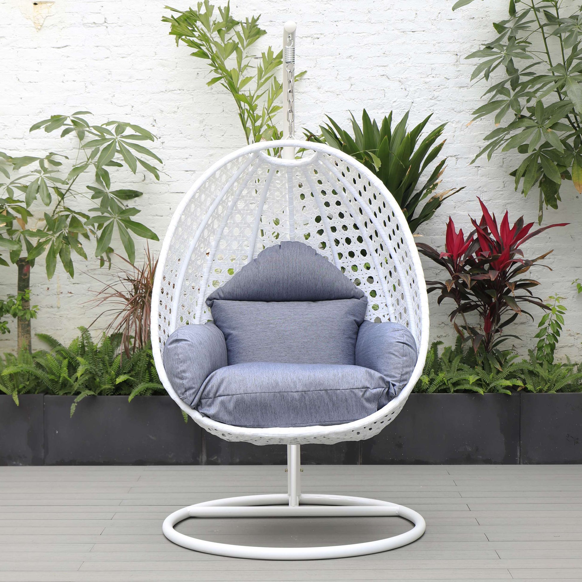 LeisureMod White Wicker Hanging Egg Swing Chair | Outdoor Porch Swings | Modishstore - 26