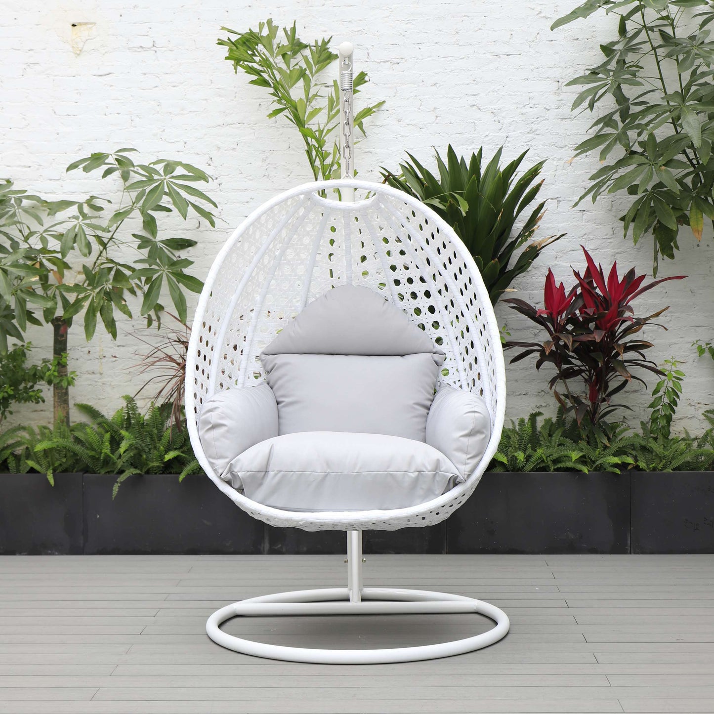 LeisureMod White Wicker Hanging Egg Swing Chair | Outdoor Porch Swings | Modishstore - 67