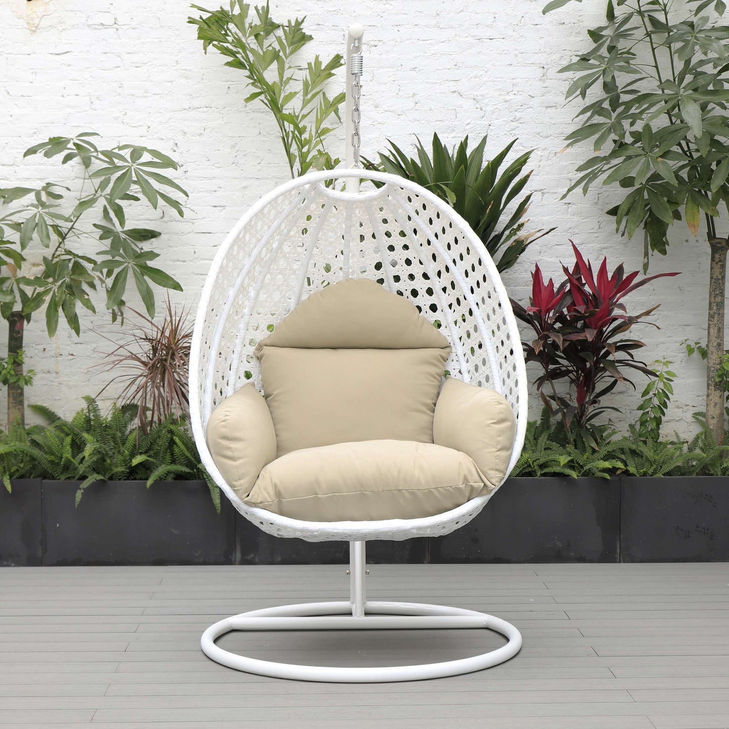 LeisureMod White Wicker Hanging Egg Swing Chair | Outdoor Porch Swings | Modishstore - 90