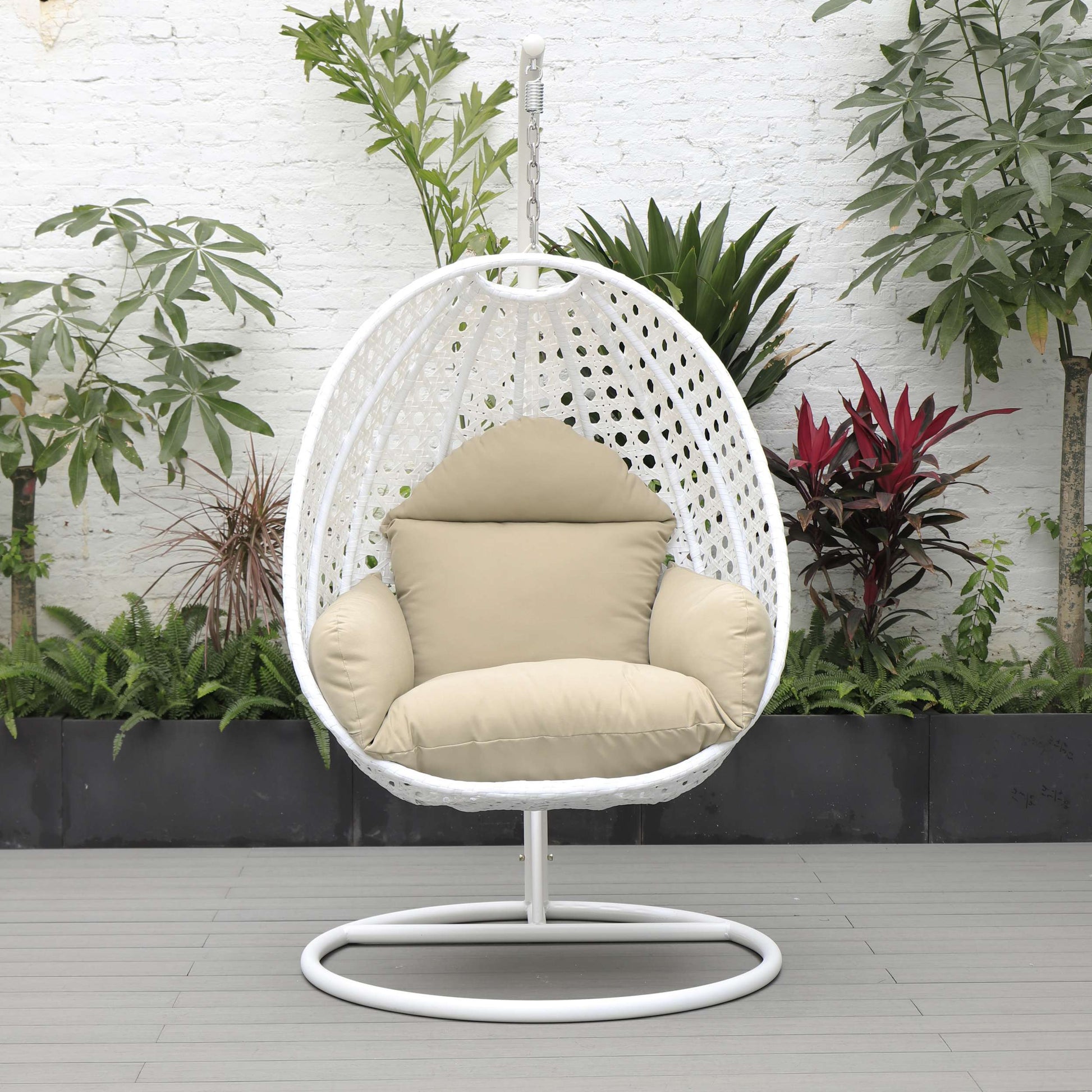 LeisureMod White Wicker Hanging Egg Swing Chair | Outdoor Porch Swings | Modishstore - 90