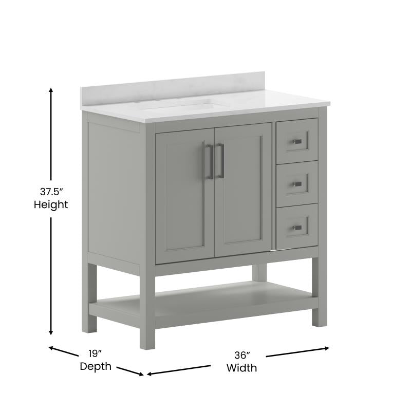 Vega 36 Inch Bathroom Vanity with Sink Open Shelf and 3 Drawers By Flash Furniture | Bathroom Accessories | Modishstore - 17