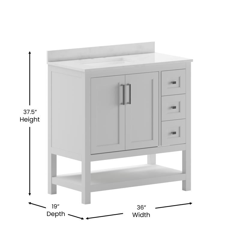 Vega 36 Inch Bathroom Vanity with Sink Open Shelf and 3 Drawers By Flash Furniture | Bathroom Accessories | Modishstore - 7