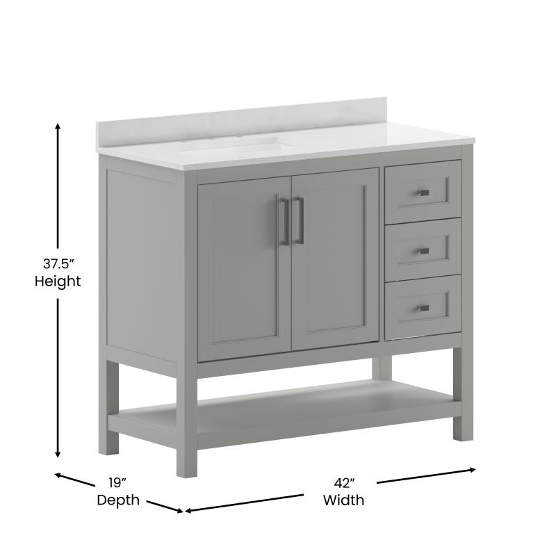 Vega 42 Inch Bathroom Vanity with Sink Open Shelf and 3 Drawers By Flash Furniture
