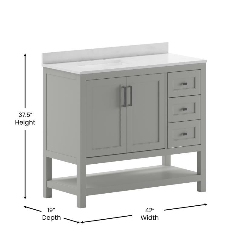 Vega 42 Inch Bathroom Vanity with Sink Open Shelf and 3 Drawers By Flash Furniture | Bathroom Accessories | Modishstore - 17