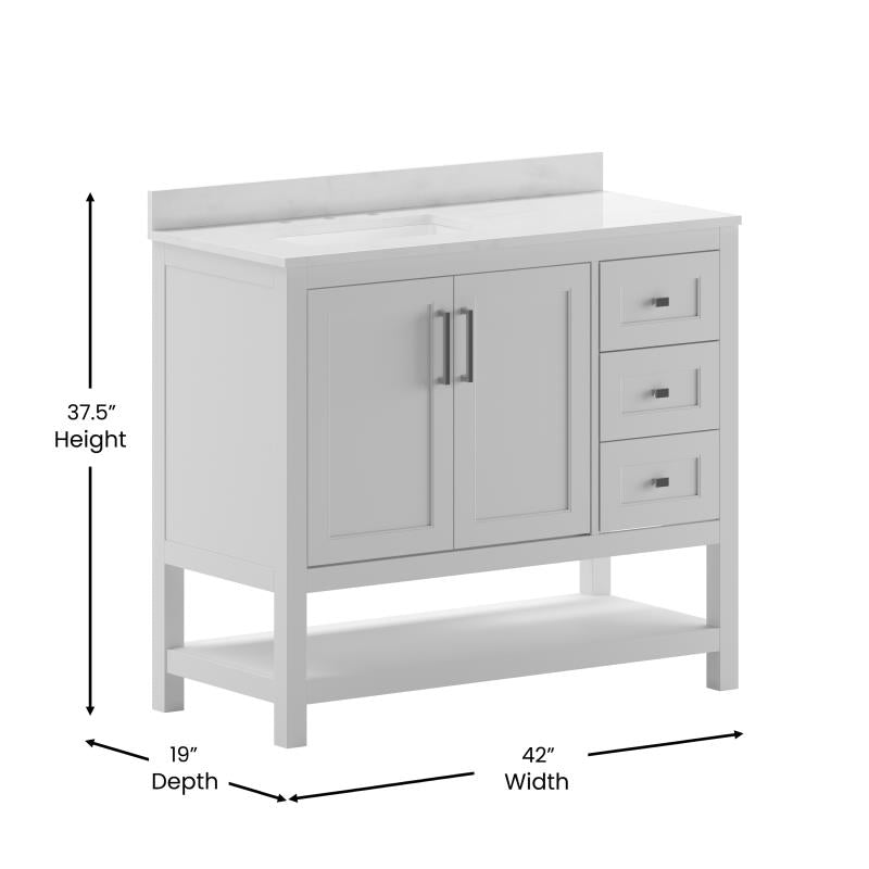 Vega 42 Inch Bathroom Vanity with Sink Open Shelf and 3 Drawers By Flash Furniture | Bathroom Accessories | Modishstore - 7