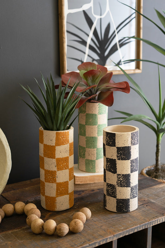 Checkered Clay Cylinder Vases Set Of 3 By Kalalou | Vases | Modishstore