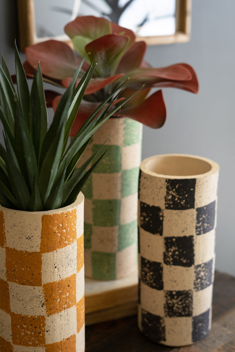 Checkered Clay Cylinder Vases Set Of 3 By Kalalou | Vases | Modishstore - 3