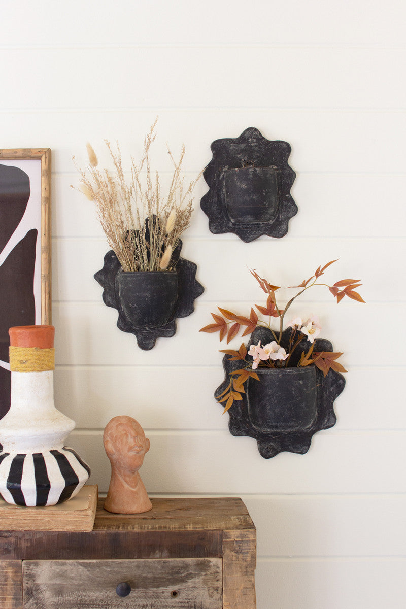 Black Wavy Clay Wall Planters Set Of 3 By Kalalou | Planters, Troughs & Cachepots | Modishstore
