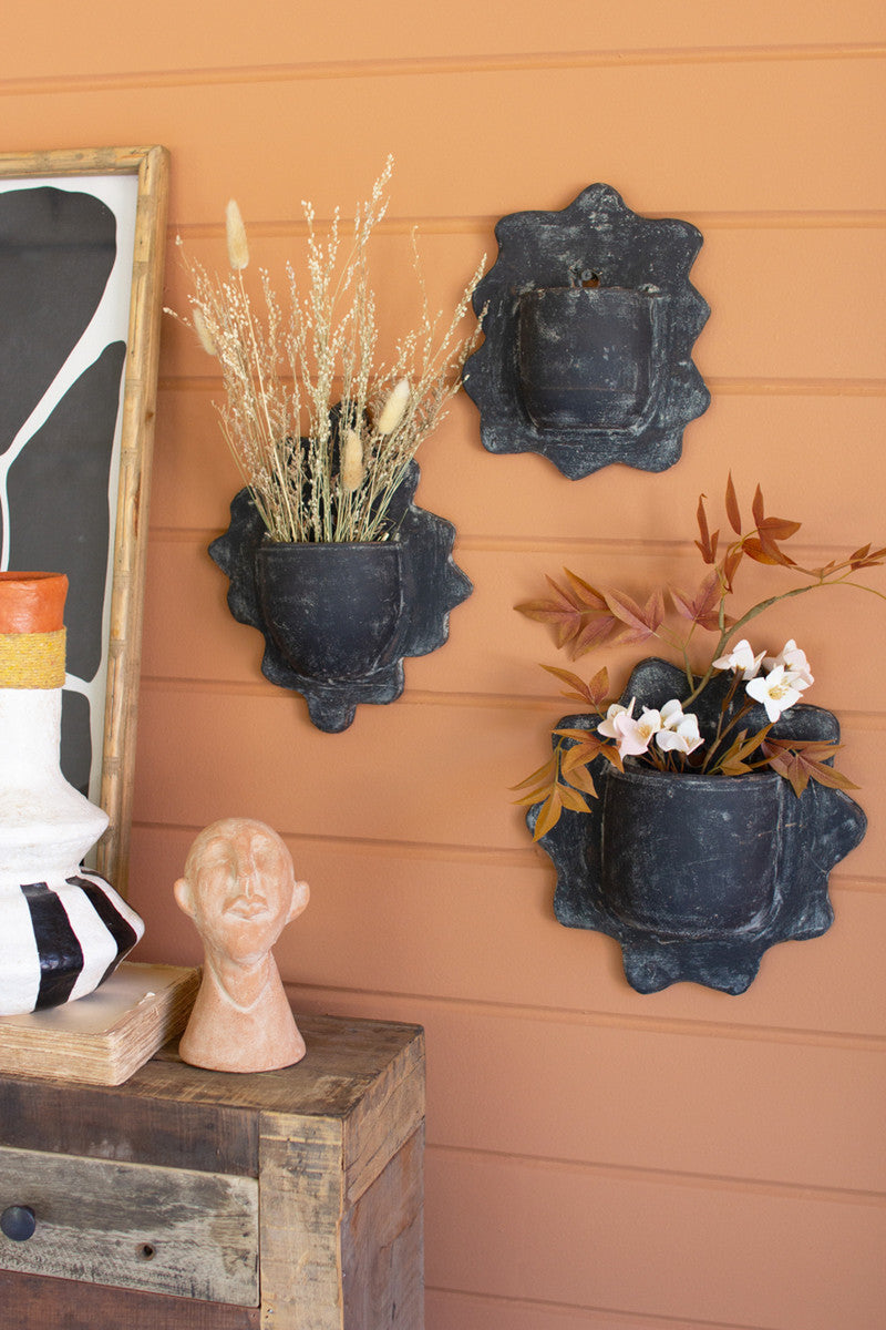 Black Wavy Clay Wall Planters Set Of 3 By Kalalou | Planters, Troughs & Cachepots | Modishstore - 4