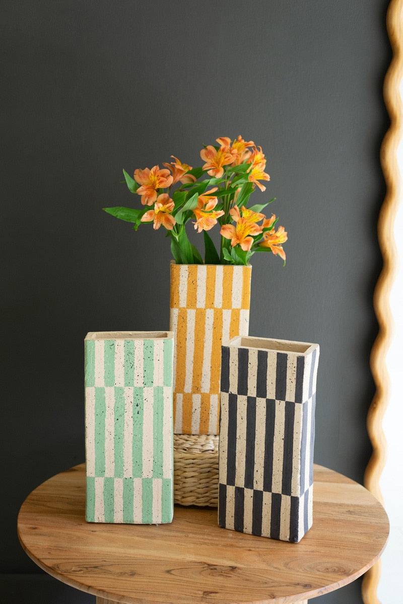 Set Of Three Clay Rectangle Striped Vases By Kalalou | Vases | Modishstore - 1
