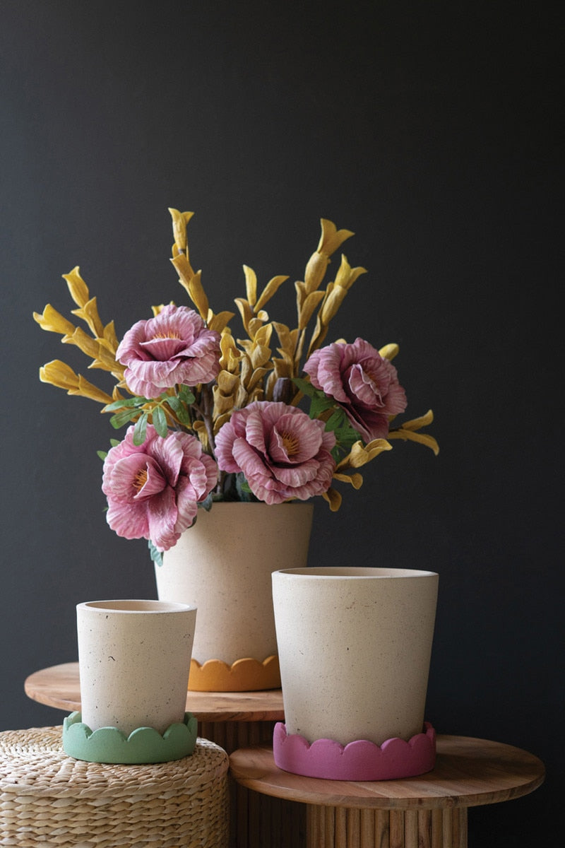 Set Of Three Scalloped Clay Planters By Kalalou | Planters, Troughs & Cachepots | Modishstore - 1