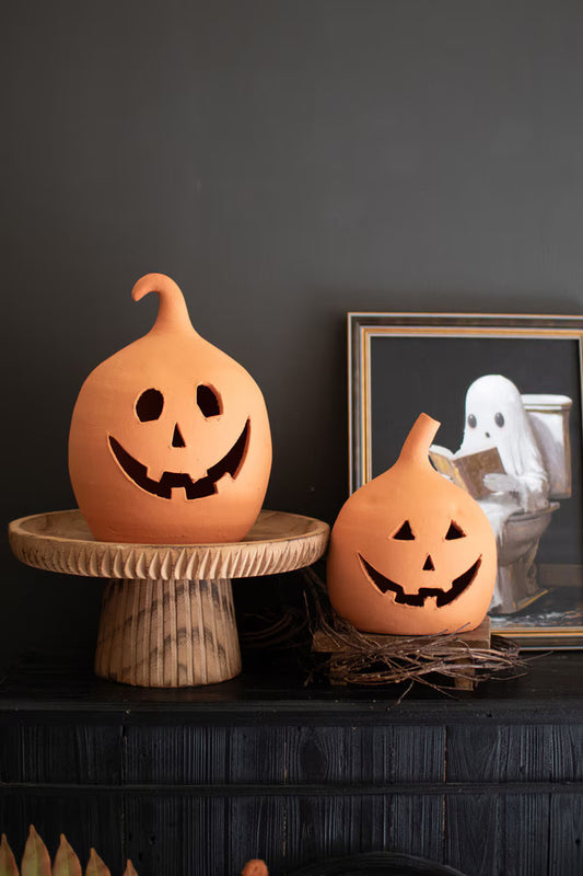 Set Of Two  Terracotta Clay Jack-O-Lanterns By Kalalou