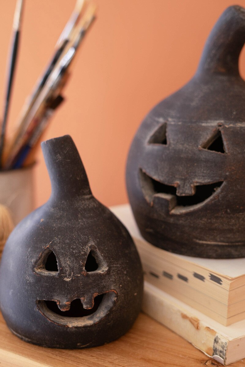 Set Of Two Small Clay Jack-O-Lanterns - Black By Kalalou
