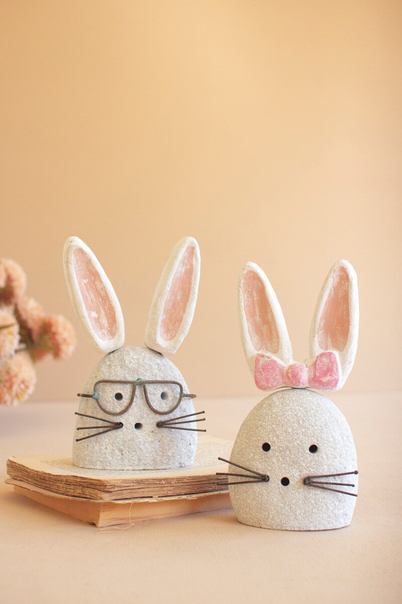 Set Of Two White-Wash Clay And River Rock Bunnies By Kalalou