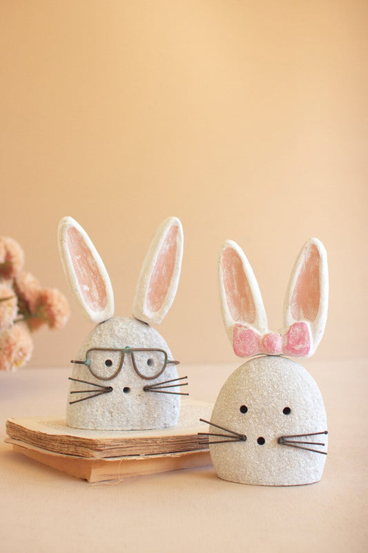 Set Of Two White-Wash Clay And River Rock Bunnies By Kalalou